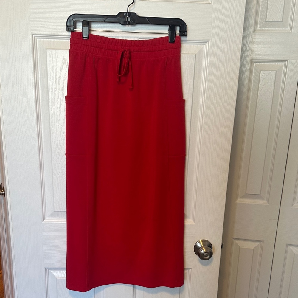 Classic Red Drawstring Midi Skirt with Side Pockets